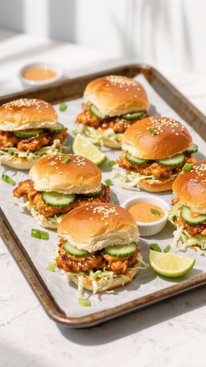 Overhead final presentation of assembled Bang Bang Chicken Sliders: golden toasted Hawaiian rolls la