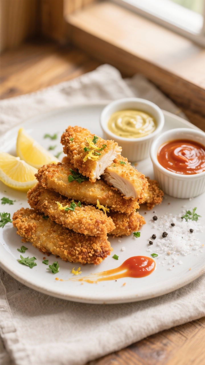 Overhead final presentation of crispy homemade baked chicken tenders arranged in a staggered stack o