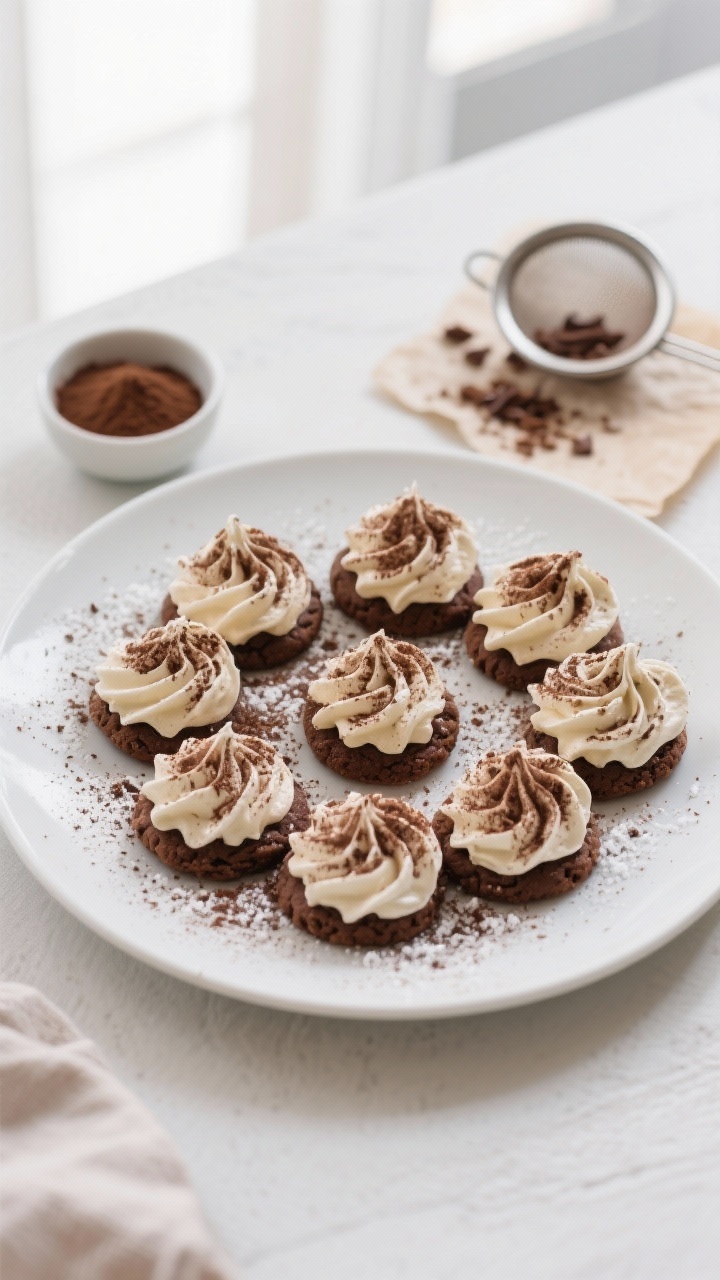 Overhead final presentation of tiramisu cookies on a matte white plate: neatly piped, generous masca