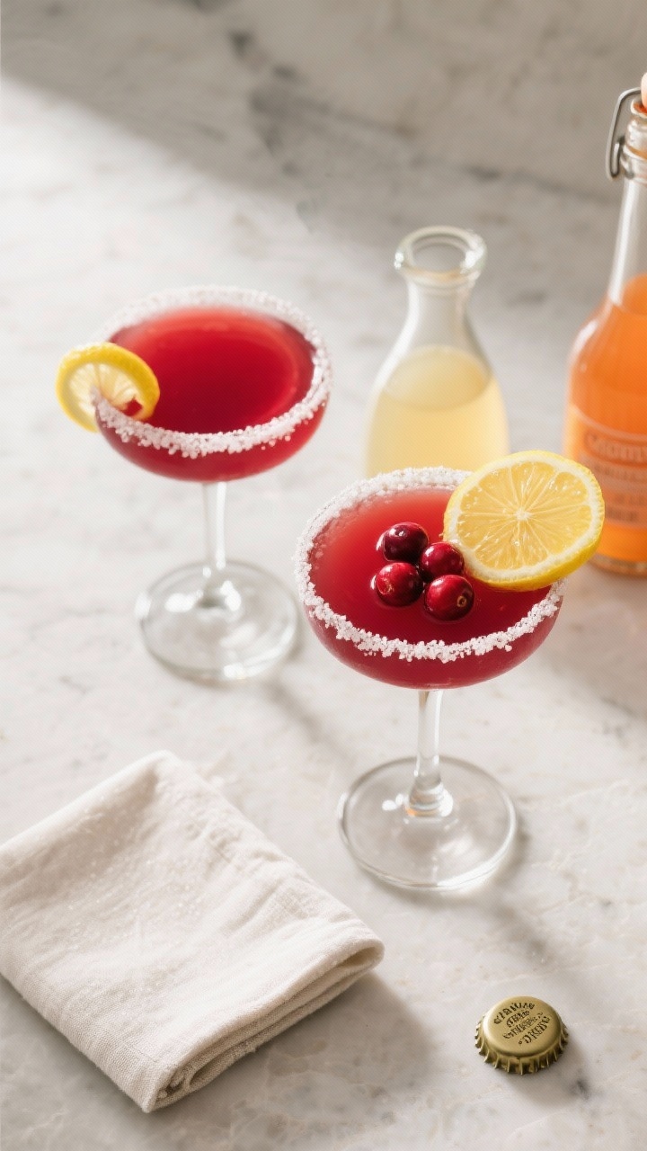 Overhead final presentation of two Cranberry Lemon Drop Cocktails in coupe glasses with pristine sug