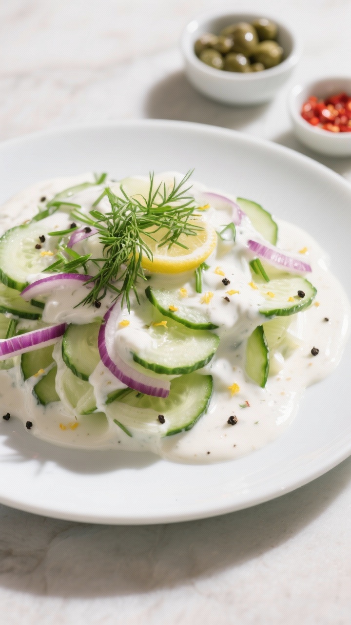 Overhead final presentation: Restaurant-quality plated creamy cucumber salad arranged in loose layer