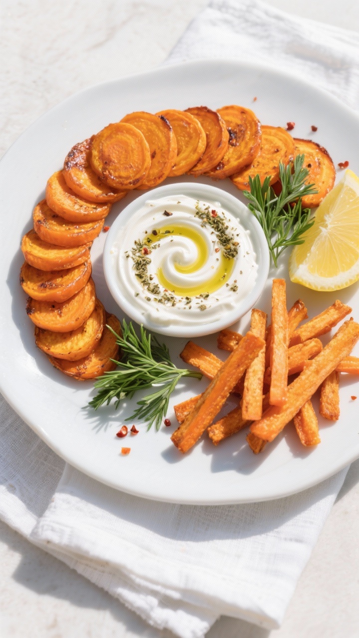 Overhead final presentation shot of a snack platter: golden-brown roasted carrot coins and sticks ar