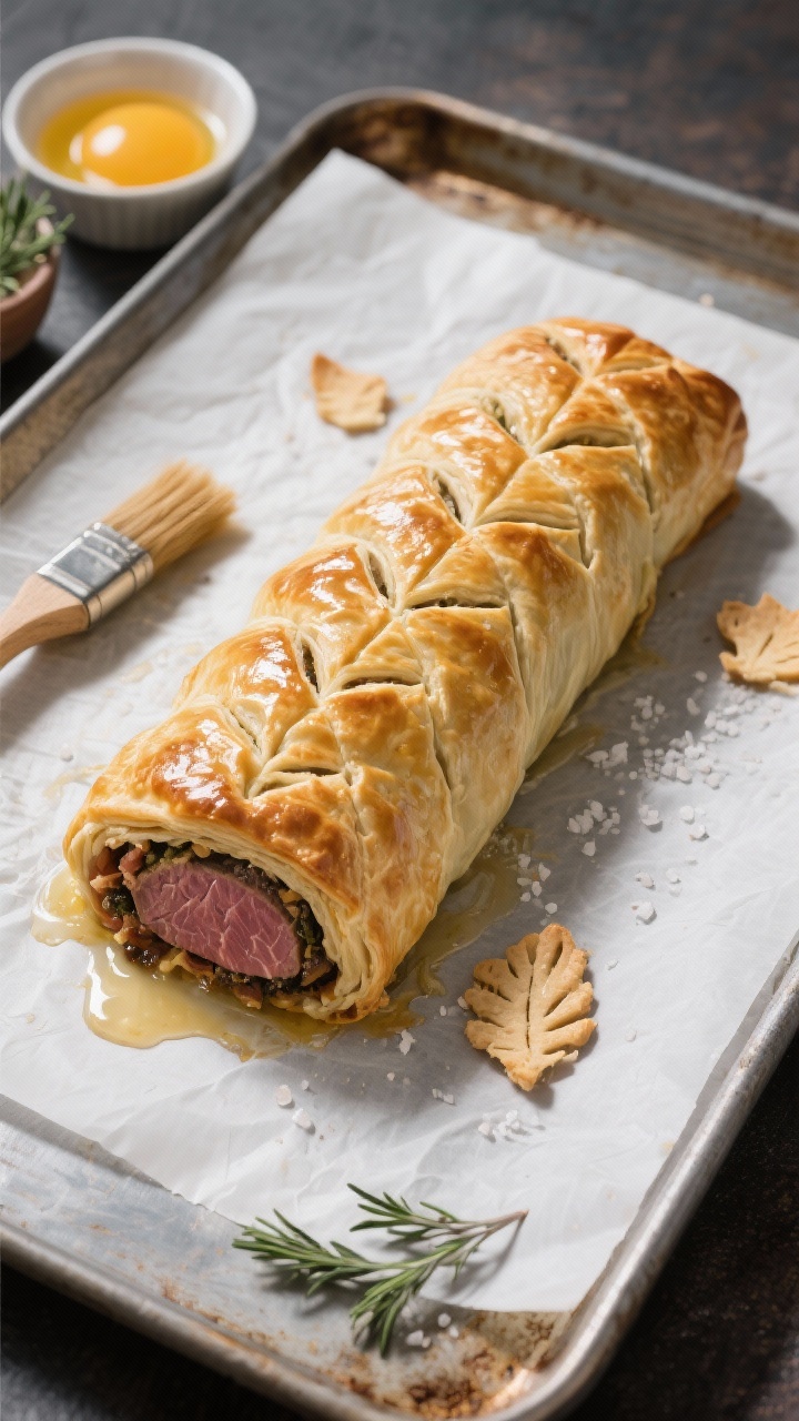 Overhead process shot of the fully wrapped, decorated Wellington just before baking on a parchment-l