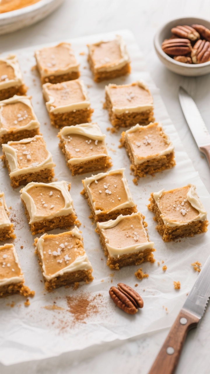 Overhead “set and slice” scene of neatly cut pumpkin bars arranged in a clean grid on parchment,
