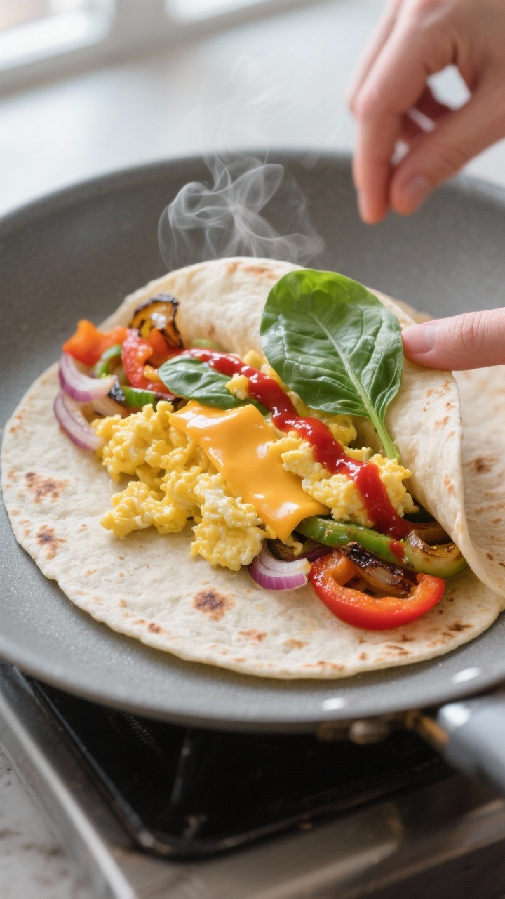 Overhead shot of a 10-minute veggie egg wrap being assembled on a warm flour tortilla: fluffy scramb