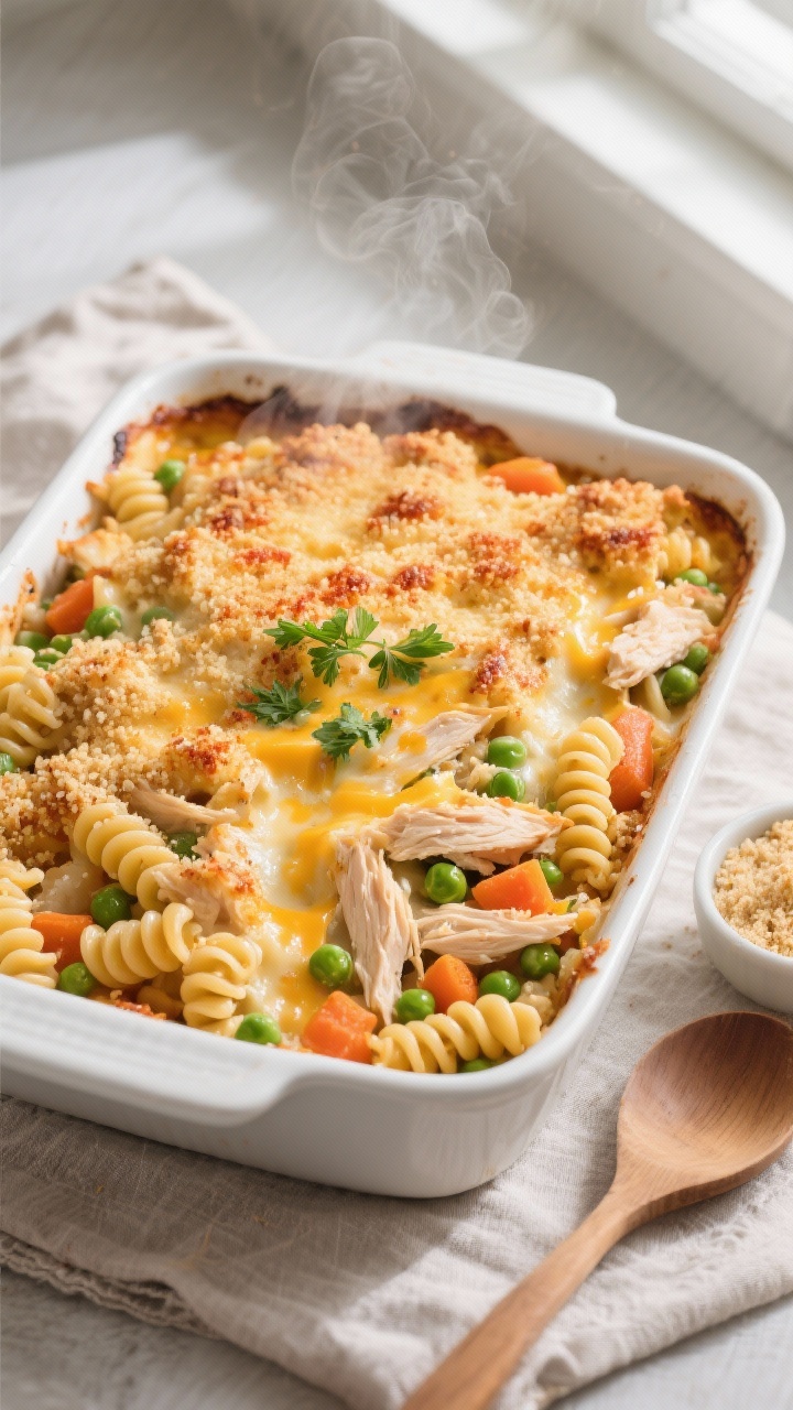Overhead shot of a golden, bubbling weeknight casserole just out of the oven in a 9x13 white baking 