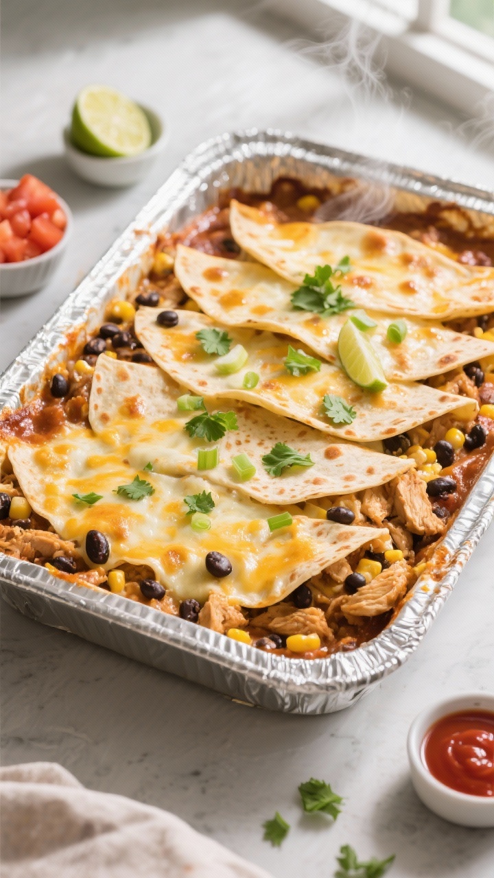 Overhead shot of a just-baked Chicken Burrito Casserole in a 9x13 pan, foil freshly removed, cheese 