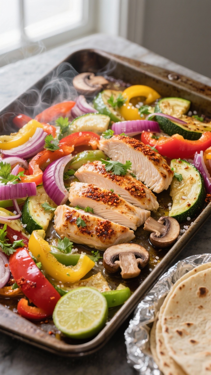 Overhead shot of a just-roasted sheet pan fajita spread coming out of the oven: thin-sliced chicken 