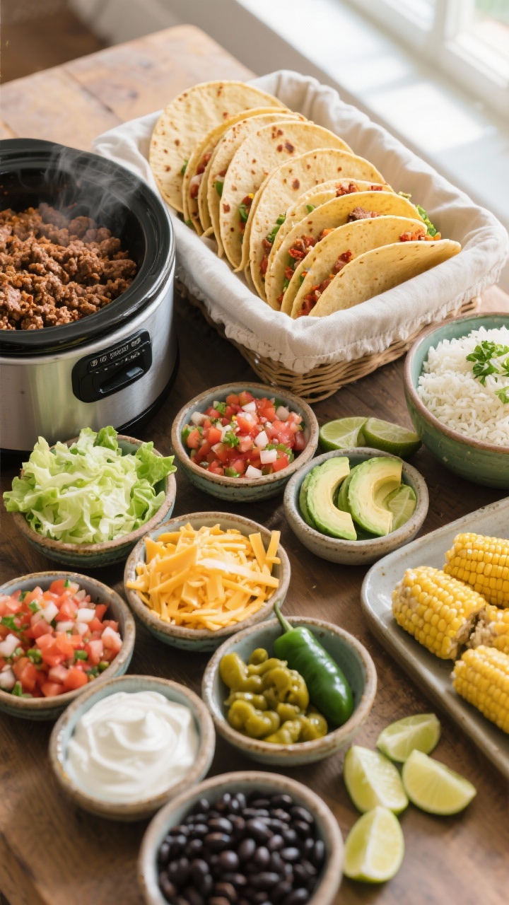 Overhead shot of a serve-yourself taco bar for a large family: warm flour and corn tortillas stacked