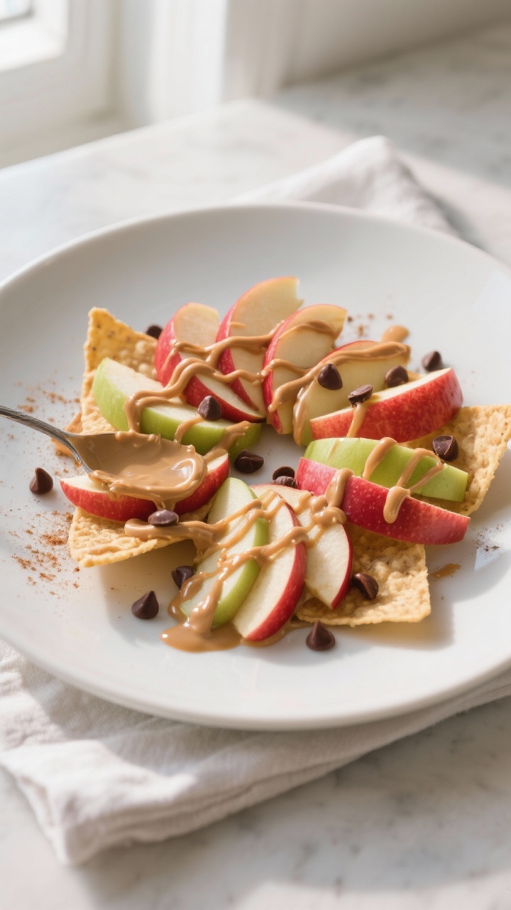 Overhead shot of Apple + Peanut Butter “Nachos” fully assembled: thin fan-arranged apple slices 