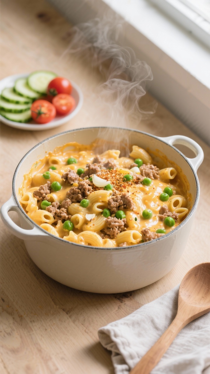 Overhead shot of Creamy One-Pot Turkey Pasta just off the stove: tender elbow pasta coated in a glos