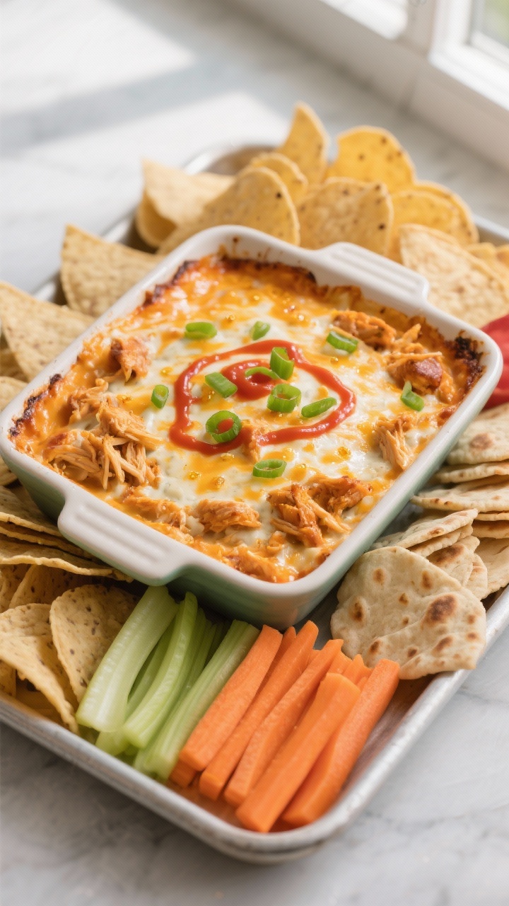 Overhead shot of freshly baked Buffalo chicken dip in an 8x8 ceramic baking dish just out of the ove