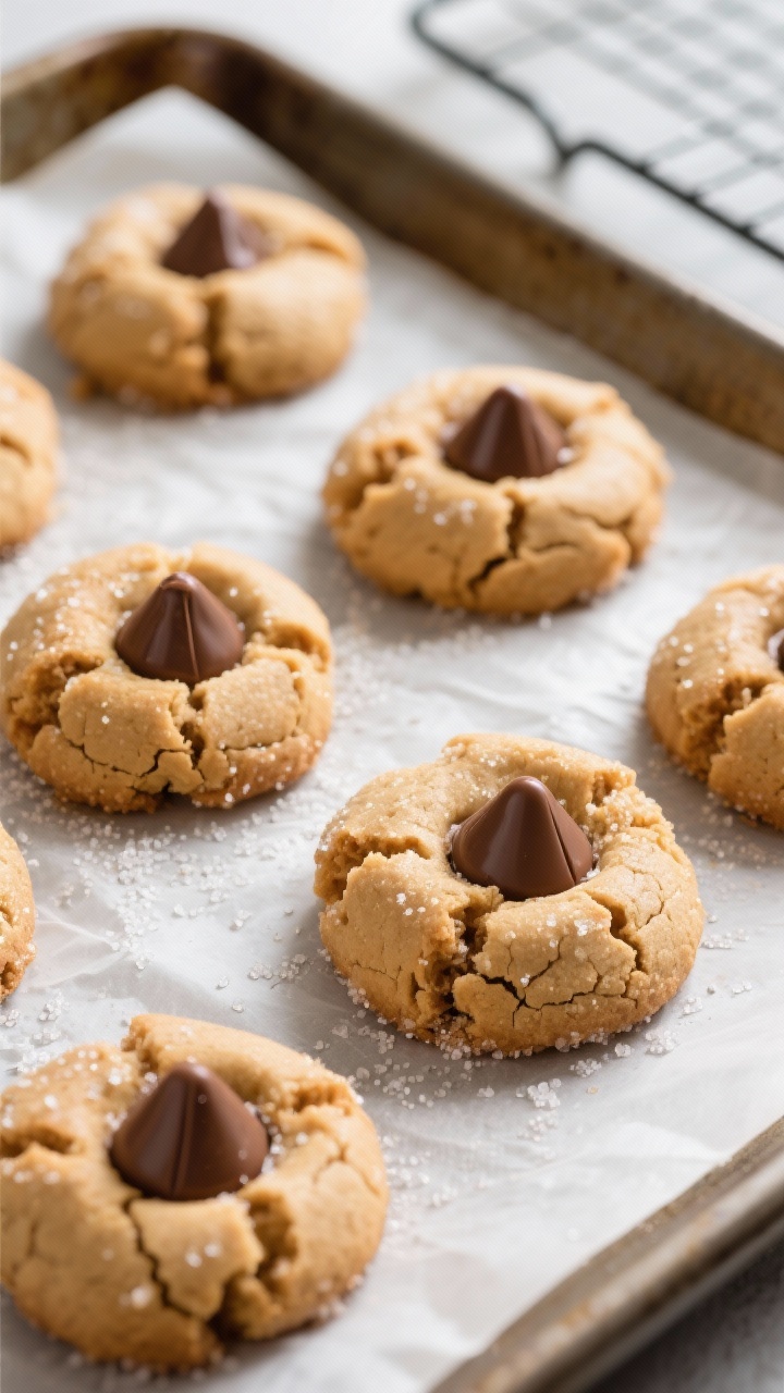 Overhead shot of freshly baked Peanut Butter Blossoms just out of the oven on parchment-lined baking
