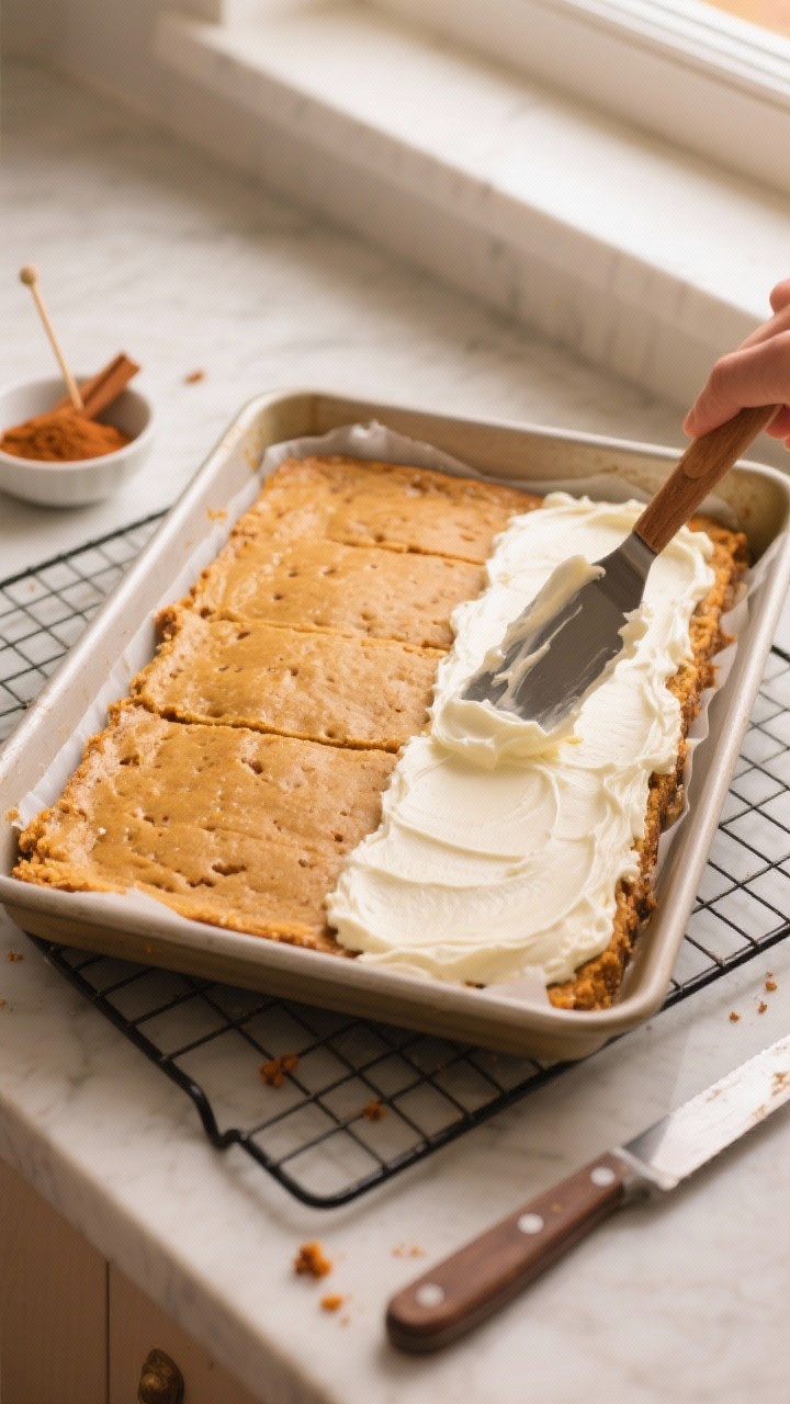 Overhead shot of freshly baked pumpkin bars in a 9x13 pan lined with parchment, just cooled and unfr