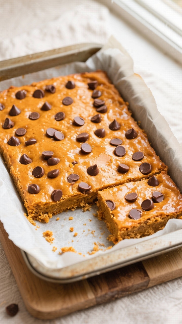 Overhead shot of freshly baked Pumpkin Chocolate Chip Bars cooling in a parchment-lined 9x13 pan, go