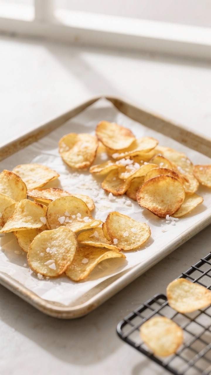 Overhead shot of freshly baked two-ingredient potato chips cooling in a single layer on a parchment-