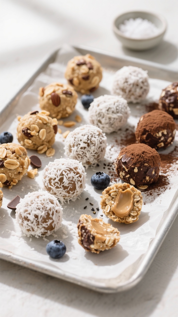 Overhead shot of freshly rolled energy balls arranged on a parchment-lined tray after chilling, show