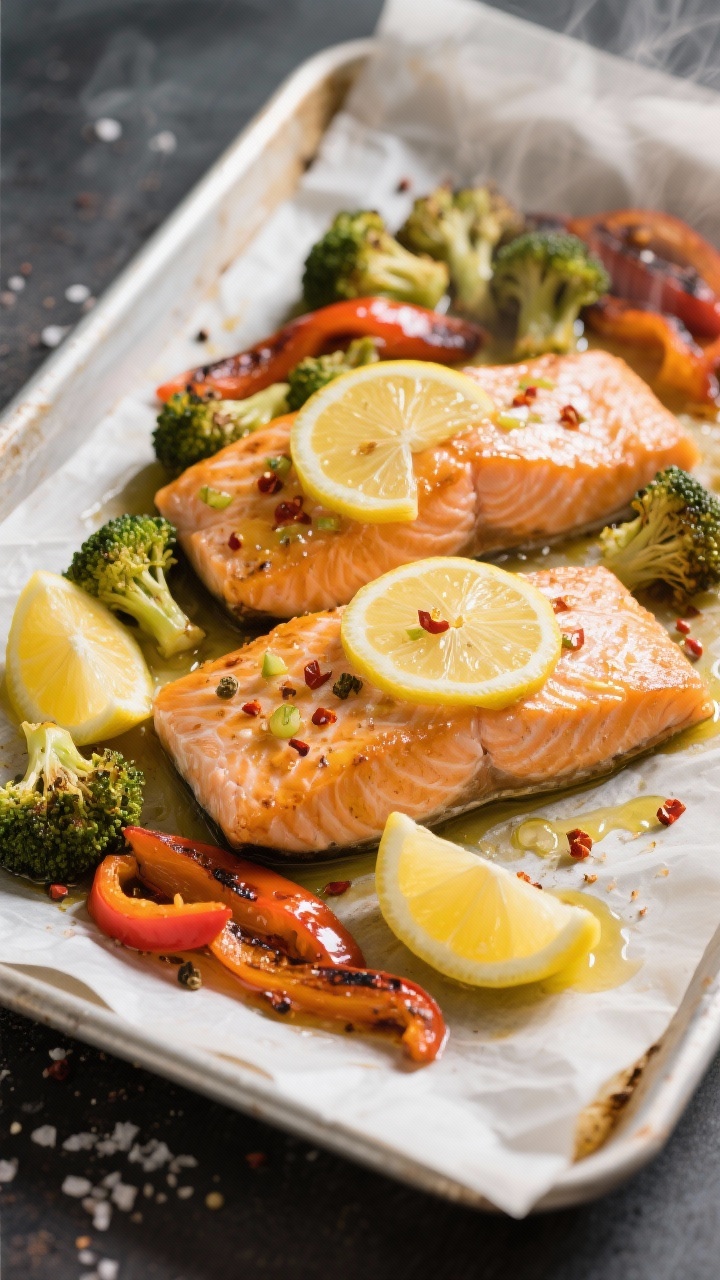 Overhead shot of Sheet Pan Lemon-Garlic Salmon with Veggies just out of the oven: golden, flaky salm