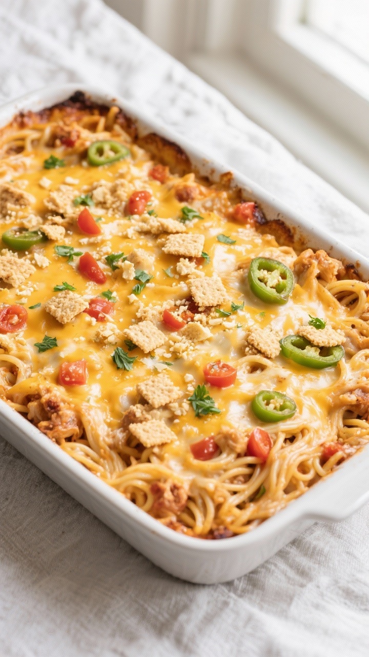 Overhead shot of Southern Cheesy Chicken Spaghetti Casserole just out of the oven in a 9x13 dish, ed