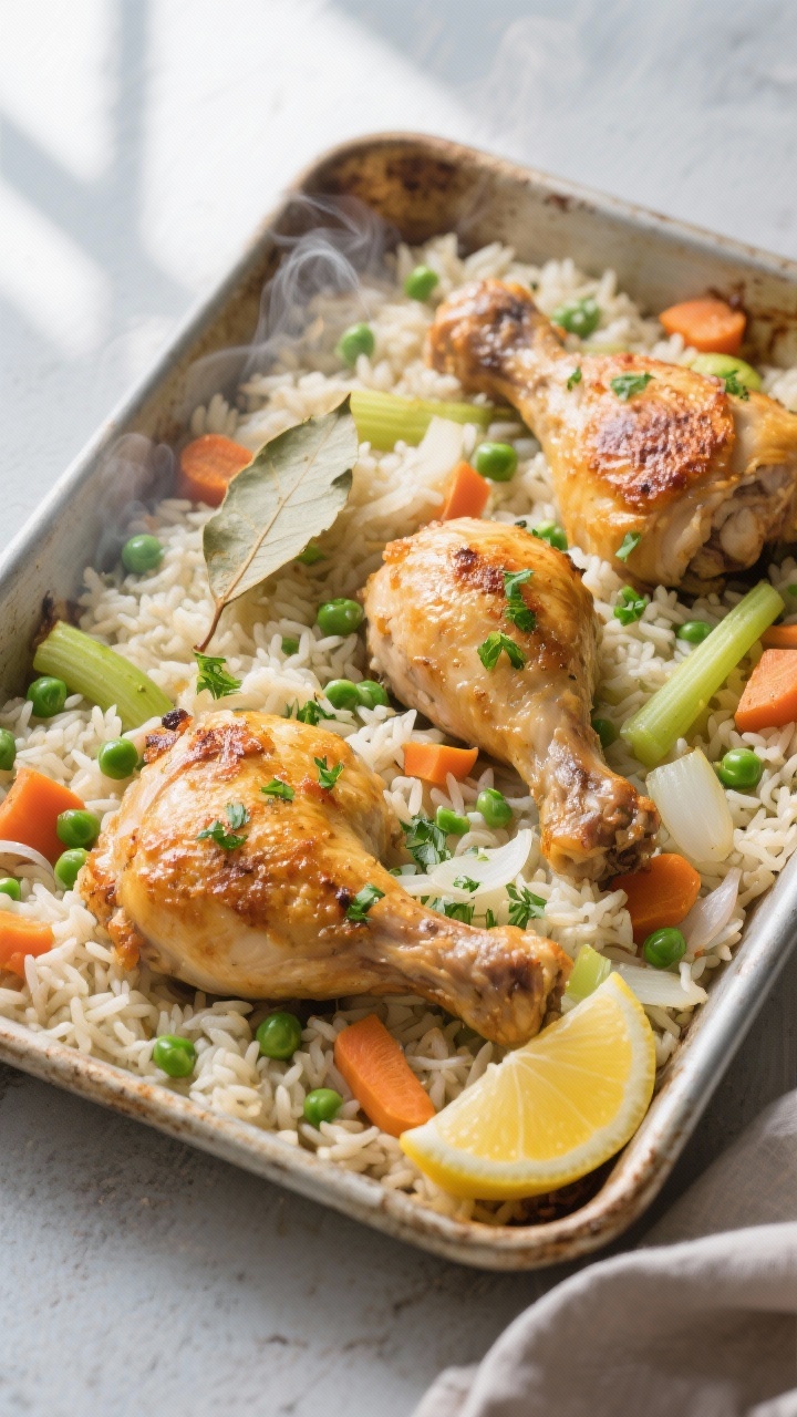 Overhead shot of the baked Chicken and Rice straight from the oven: golden, crispy-skinned bone-in c