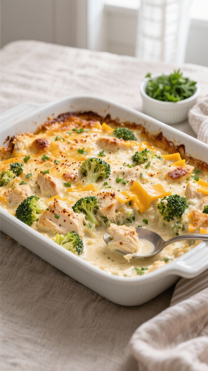 Overhead shot of the baked Easy Low Carb Chicken Casserole just out of the oven, edges bubbling with
