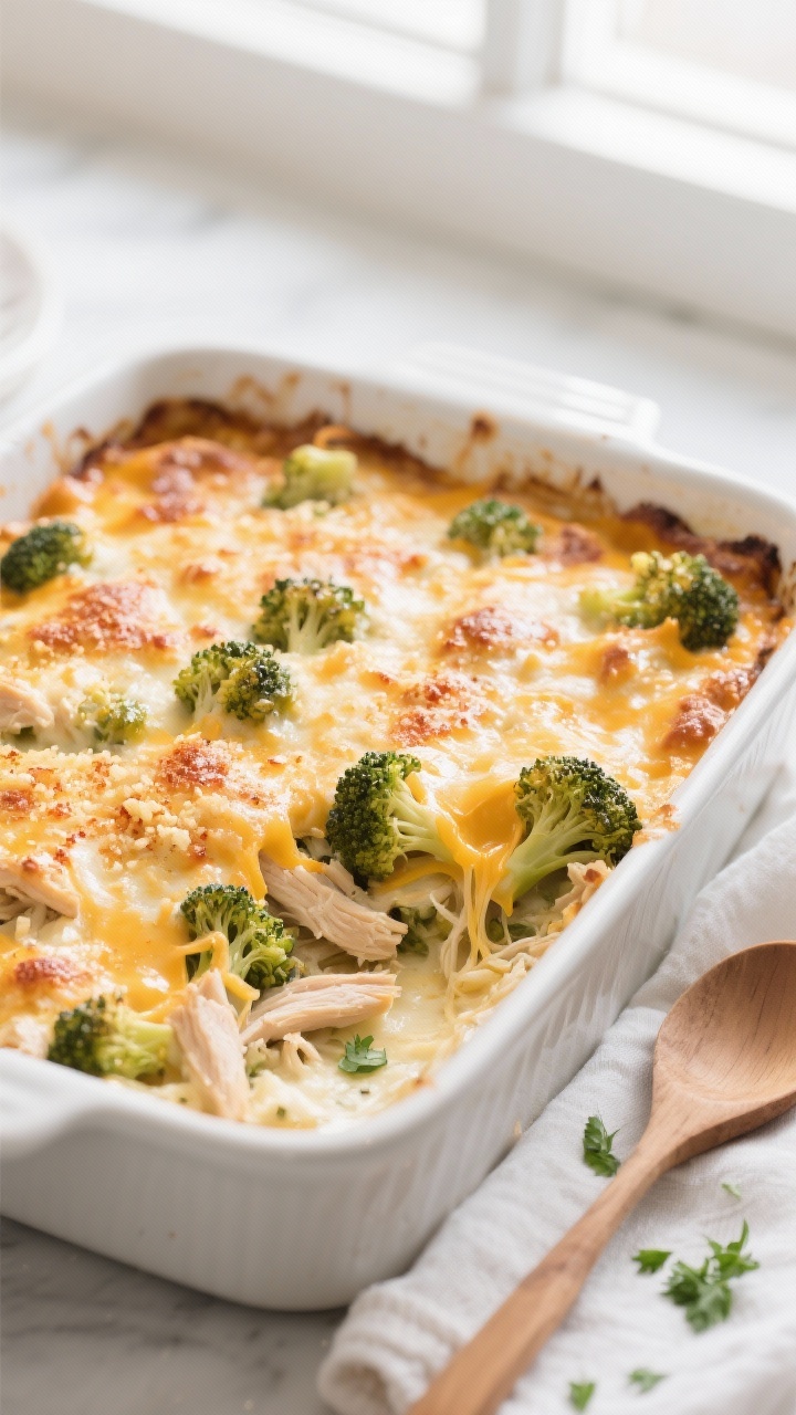 Overhead shot of the baked keto chicken broccoli casserole just out of the oven in a 9x13 white cera