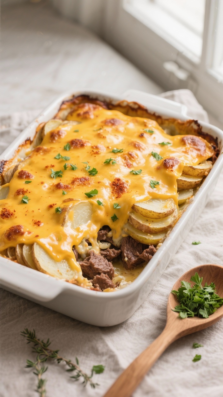Overhead shot of the finished hobo casserole just out of the oven: bubbling, golden cheddar blanket 