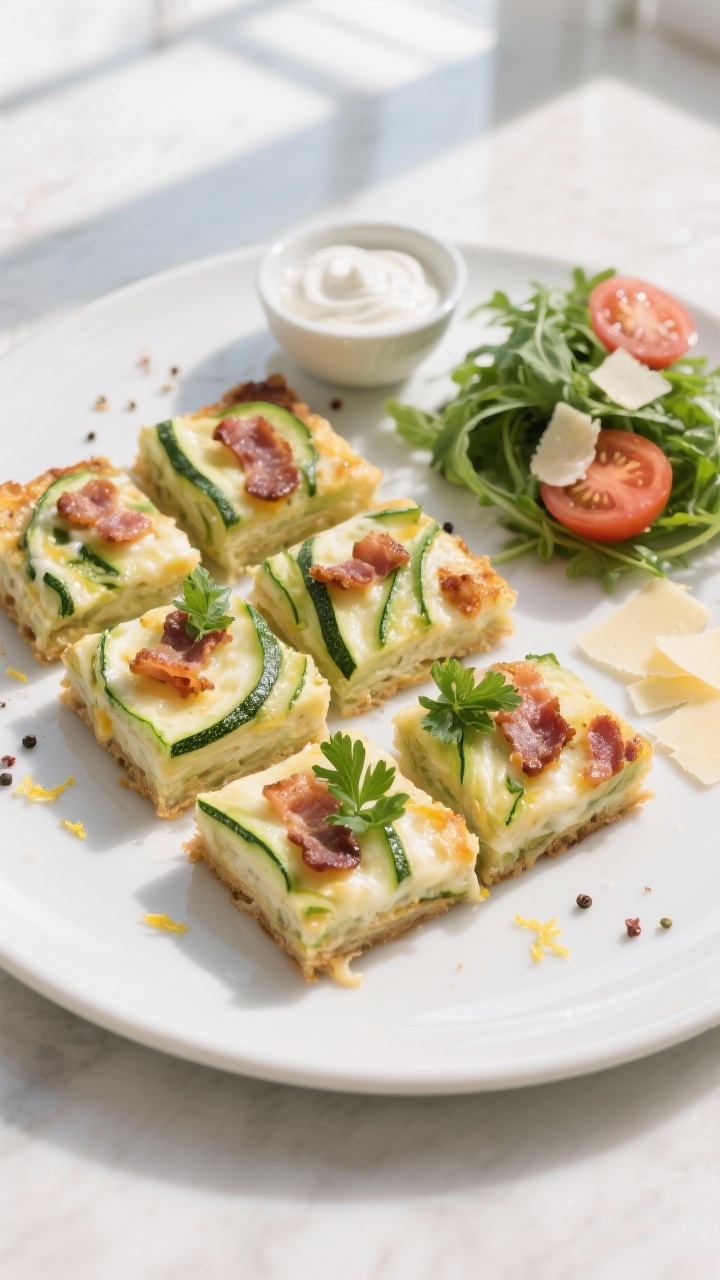 Tasty top view: Overhead shot of neatly cut squares of Zucchini Bacon Slice on a matte white platter