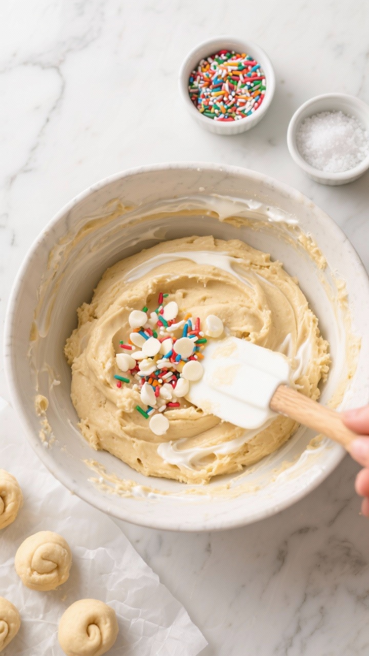 Tasty top view (process stage): Overhead shot of a mixing bowl filled with the prepared edible sugar