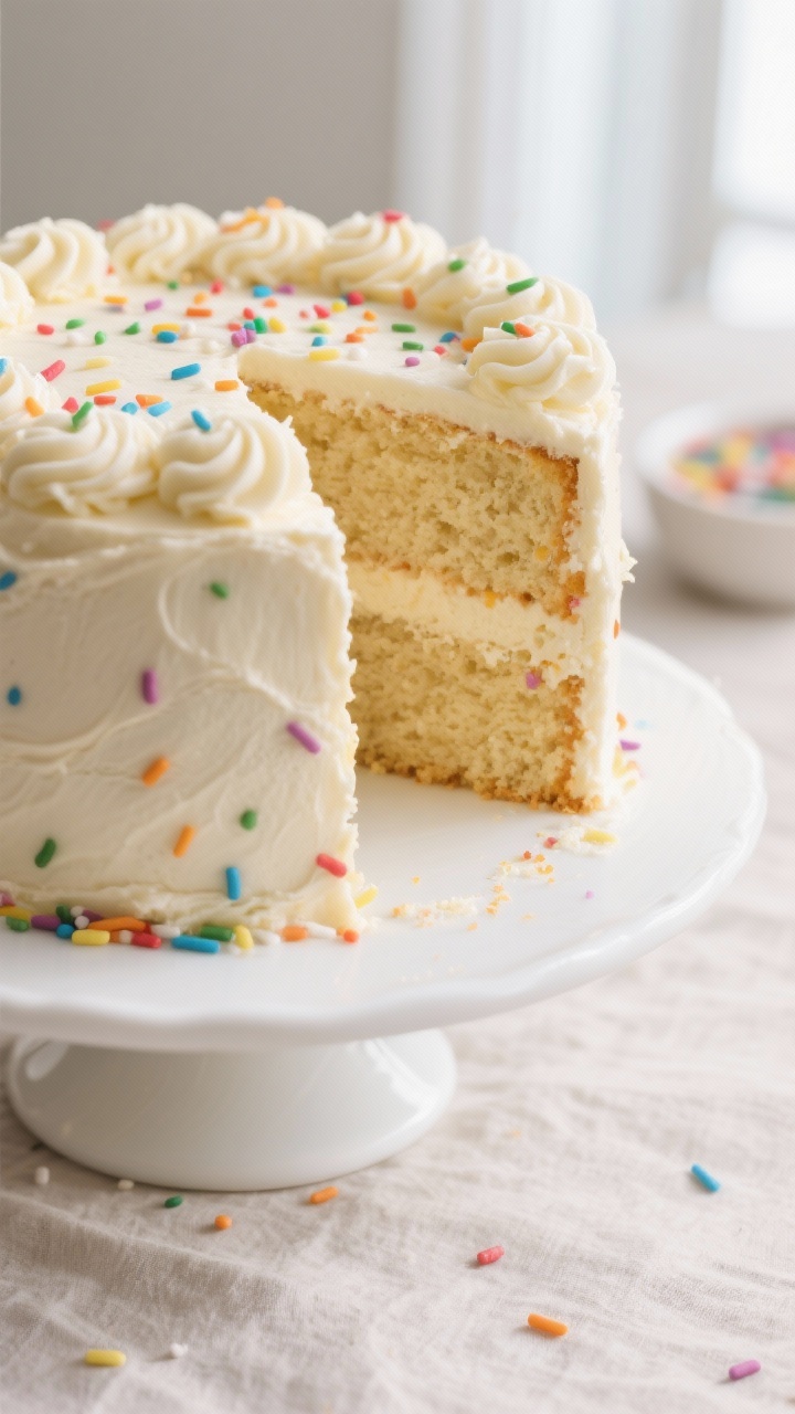 Close-up detail: A sliced two-layer Sprinkle Birthday Cake showing a tender, buttery vanilla crumb s