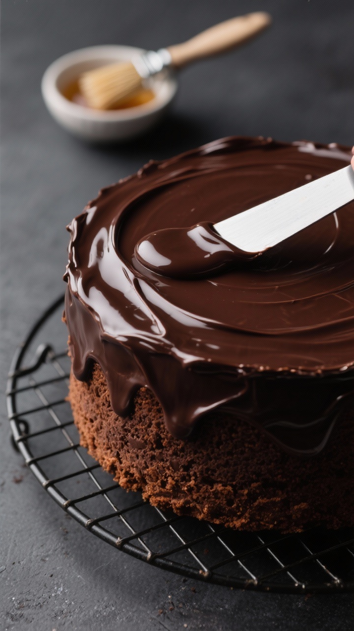 Close-up detail, cooking process: A just-frosted eggless Dutch truffle cake on a wire rack, glossy d