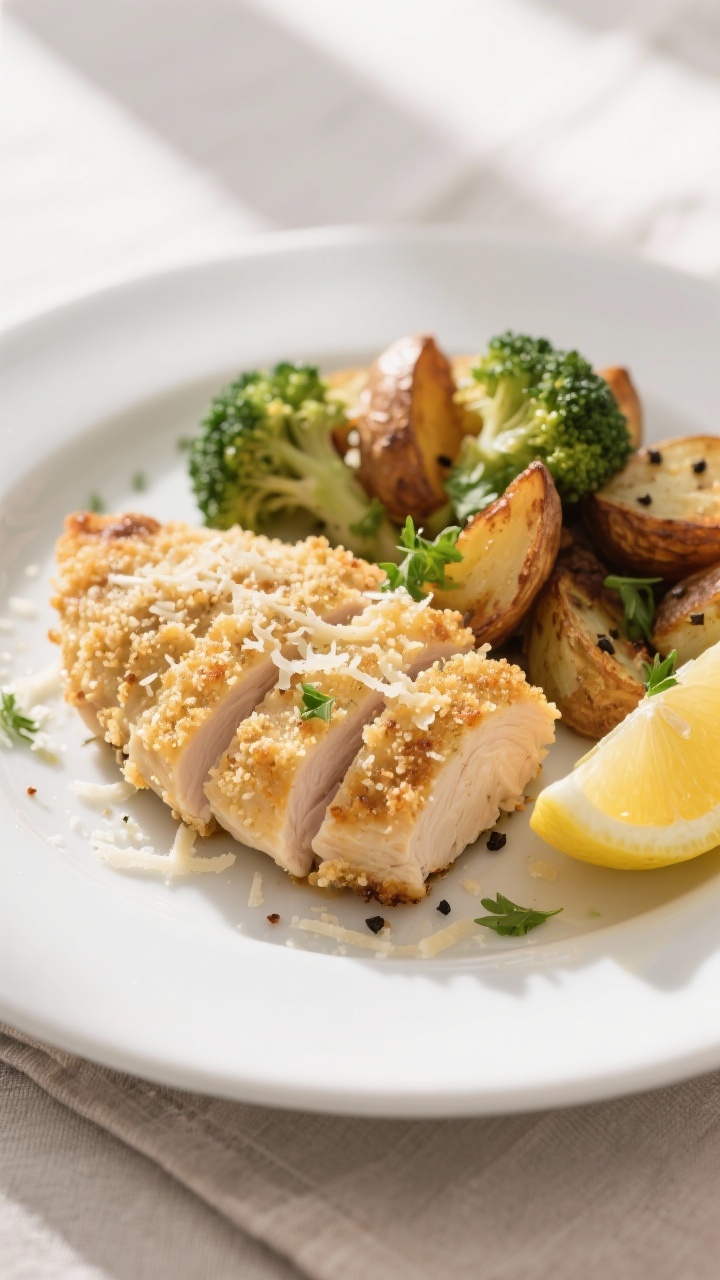 Close-up detail of a plated serving: one sliced Parmesan-crusted chicken breast showing juicy interi
