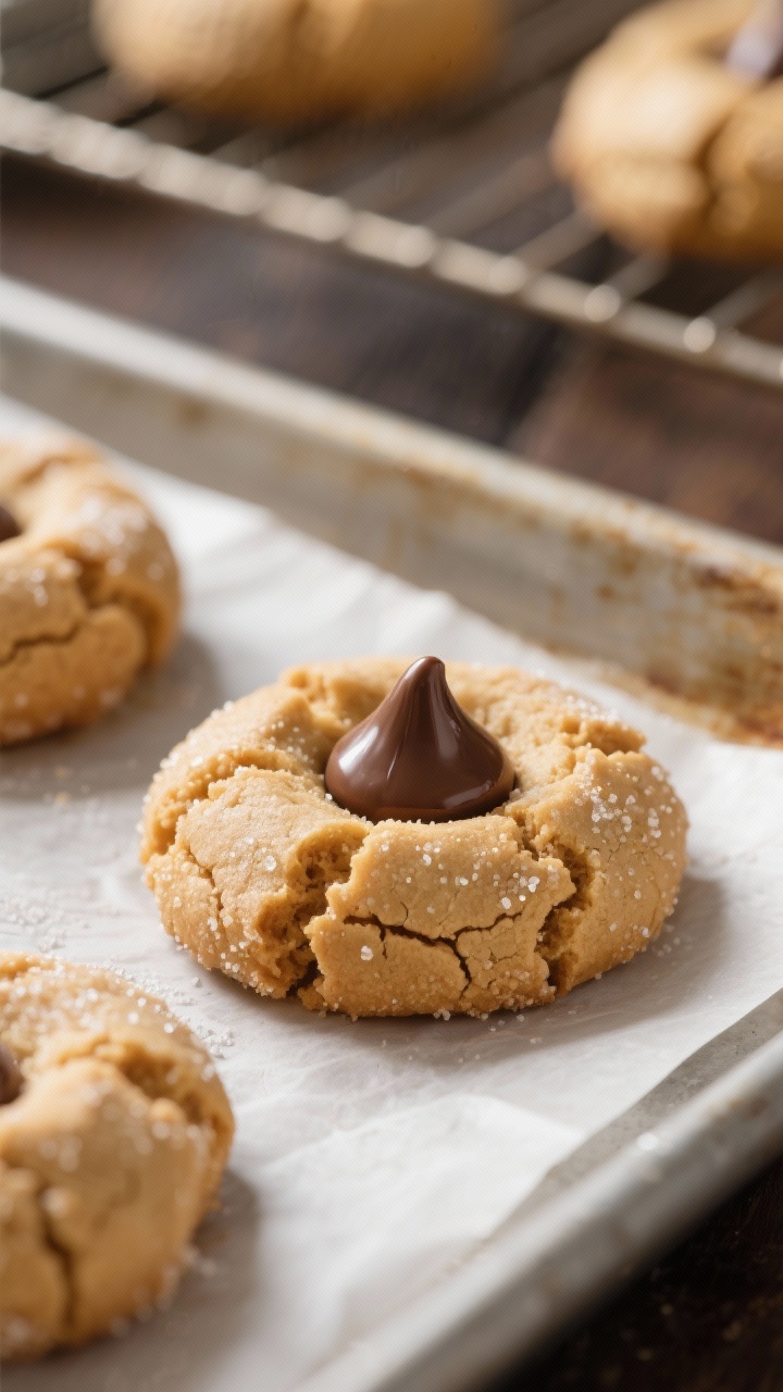Close-up detail, process shot: Freshly baked Peanut Butter Blossoms just out of the oven on a parchm