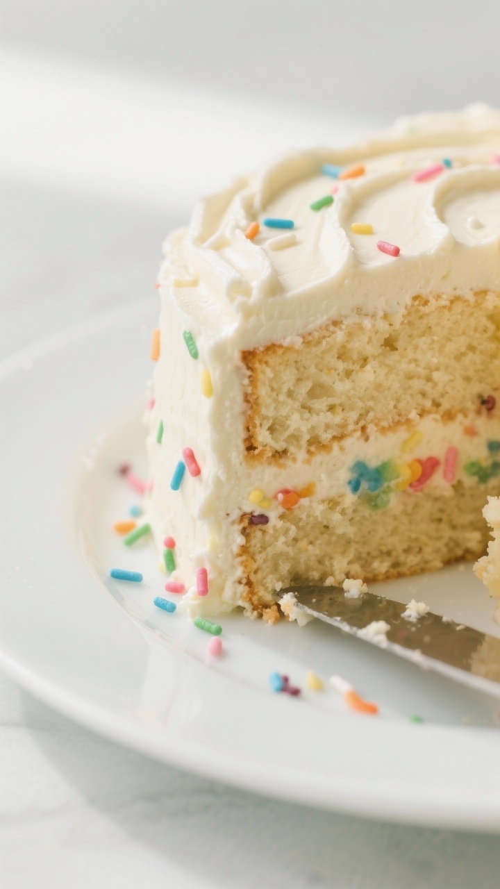 Close-up detail shot: A slice of funfetti vanilla layer cake on a simple white dessert plate, showin