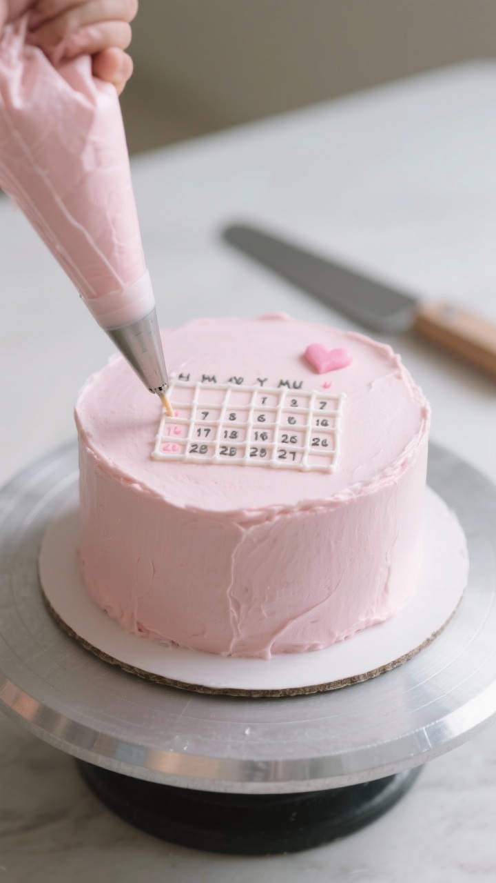 Close-up detail shot: A small 6-inch pink buttercream calendar cake mid-decoration on a chilled turn