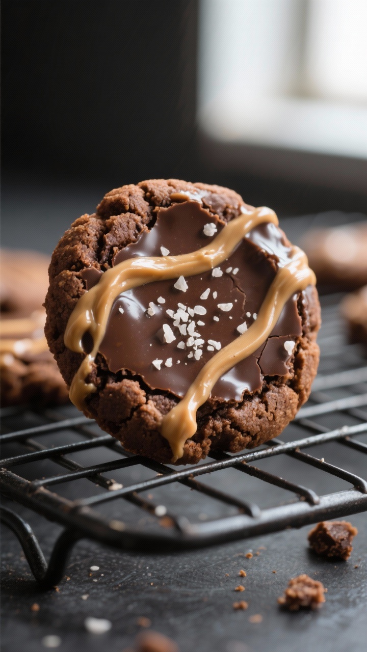 Close-up detail shot: Freshly baked Peanut Butter Brownie Cookies cooling on a wire rack, focus on a