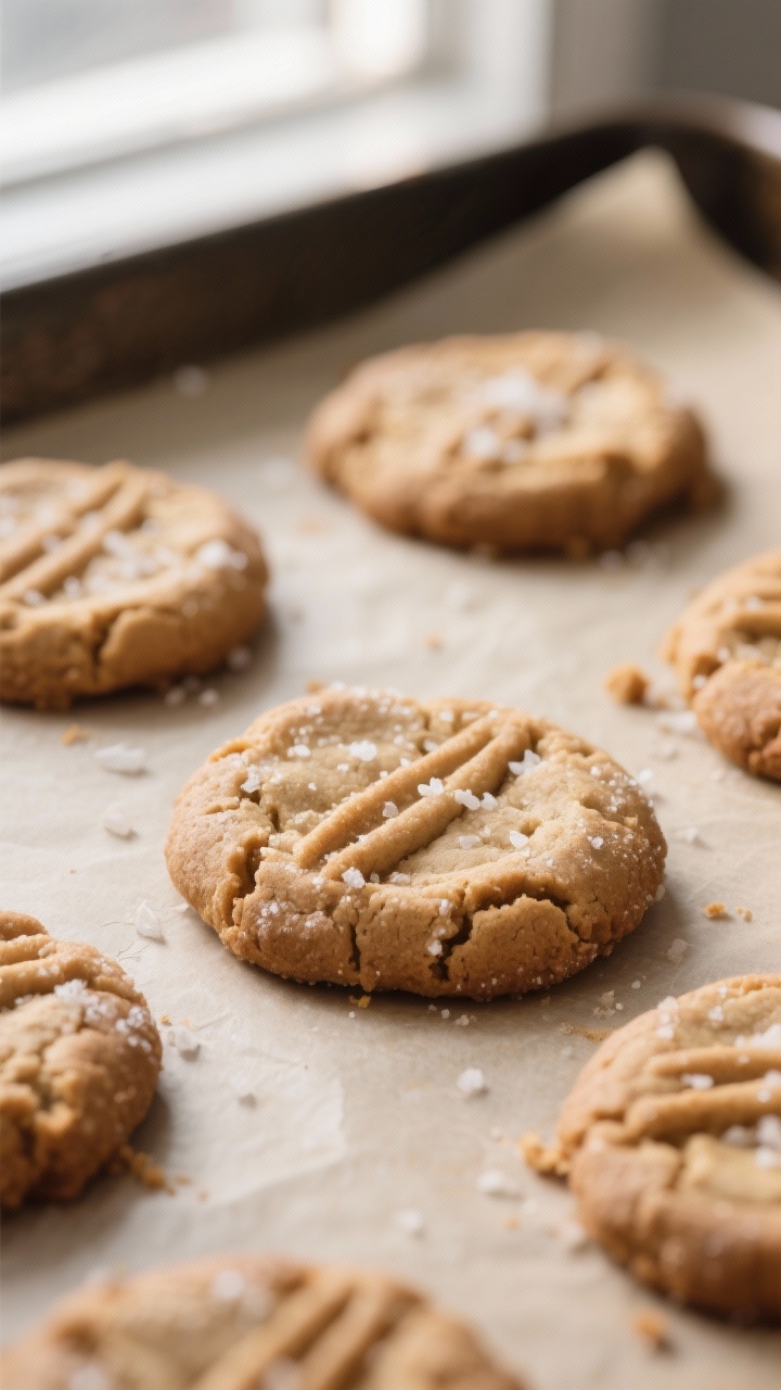Close-up detail shot of freshly baked classic peanut butter cookies just out of the oven on a parchm