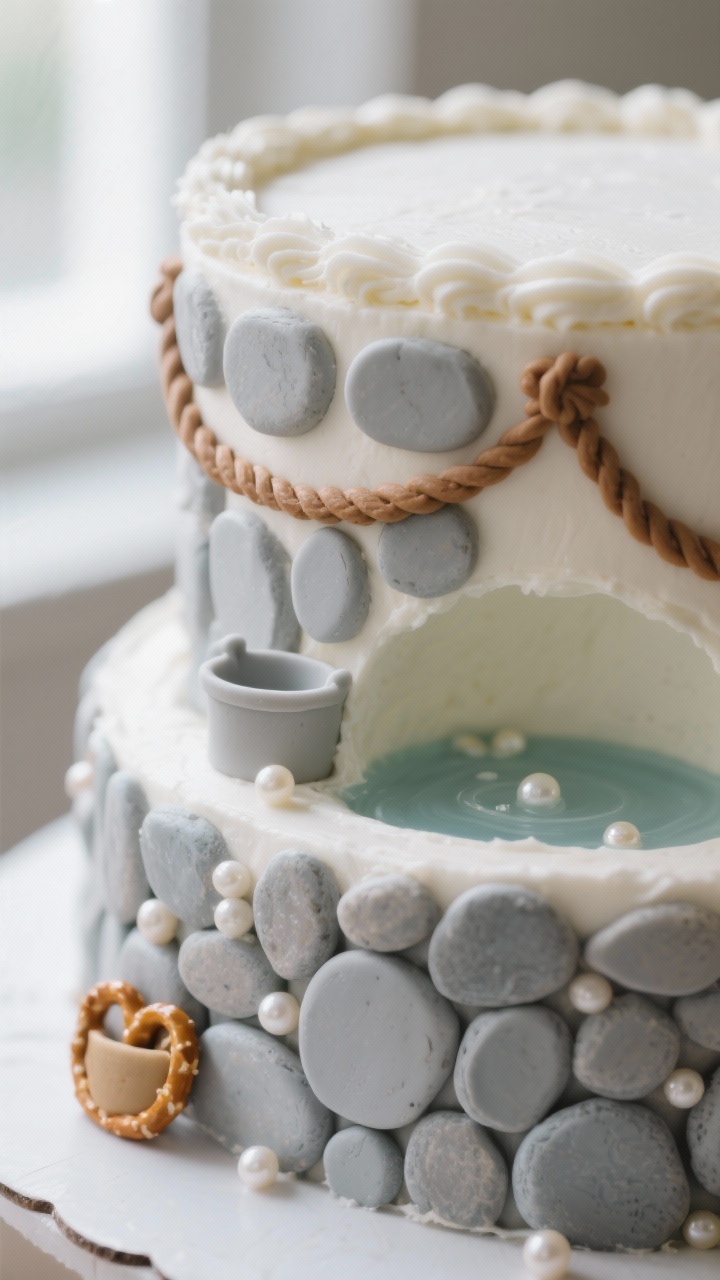 Close-up detail shot of the decorated Wishing Well Cake’s “stone wall”: side angle focusing on