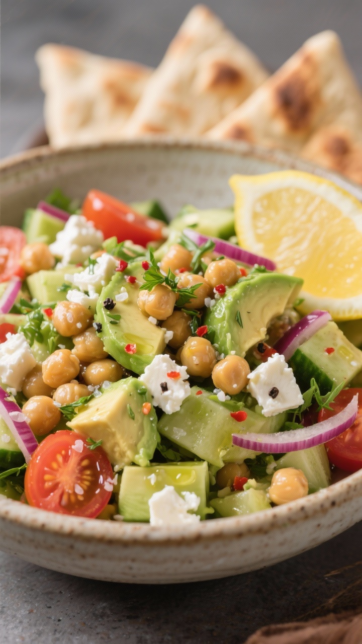 Close-up final plated Chickpea Feta Avocado Salad with the avocado gently folded in: creamy avocado 