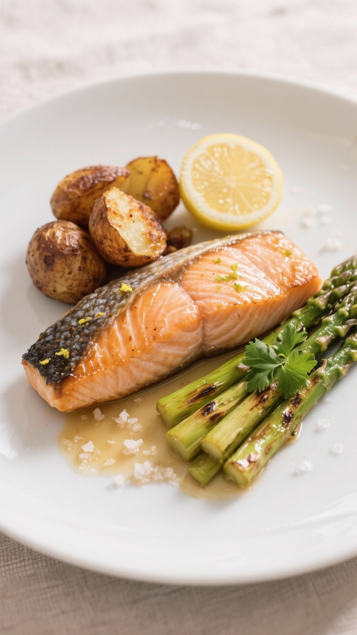 Close-up plated presentation: a single salmon fillet, flaky and glossy in the center, with a thin ca