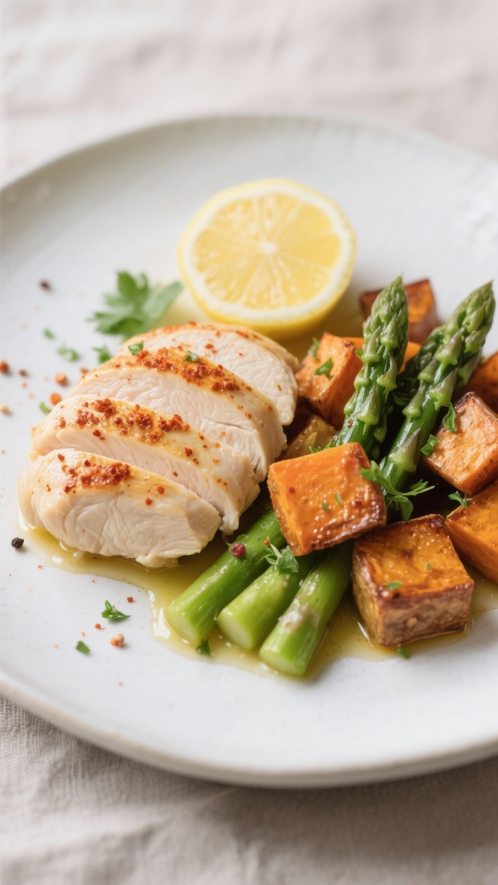 Close-up plated presentation: sliced, perfectly cooked chicken breast (opaque and juicy) nestled bes