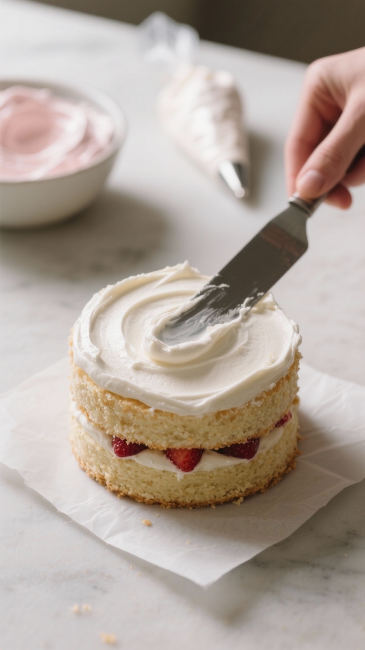 Close-up, three-quarter angle process shot of the crumb-coated 4-inch cake on a small parchment squa