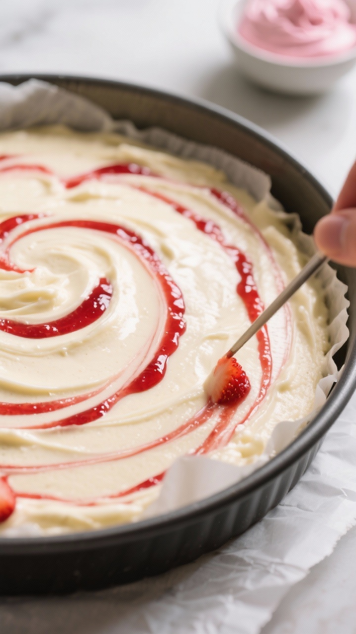 Cooking process, close-up detail: A tight, 45-degree close-up of an 8-inch cake pan filled with vani