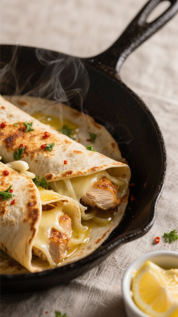 Cooking process close-up: Golden, crispy Cheesy Garlic Chicken Wraps searing seam-side down in a cas