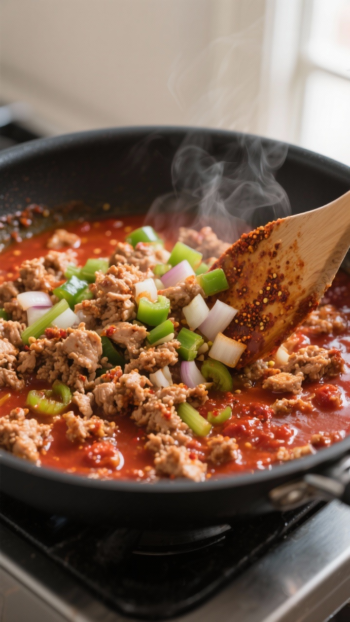 Cooking process close-up: Ground chicken and the Cajun “holy trinity” (softened diced onion, gre