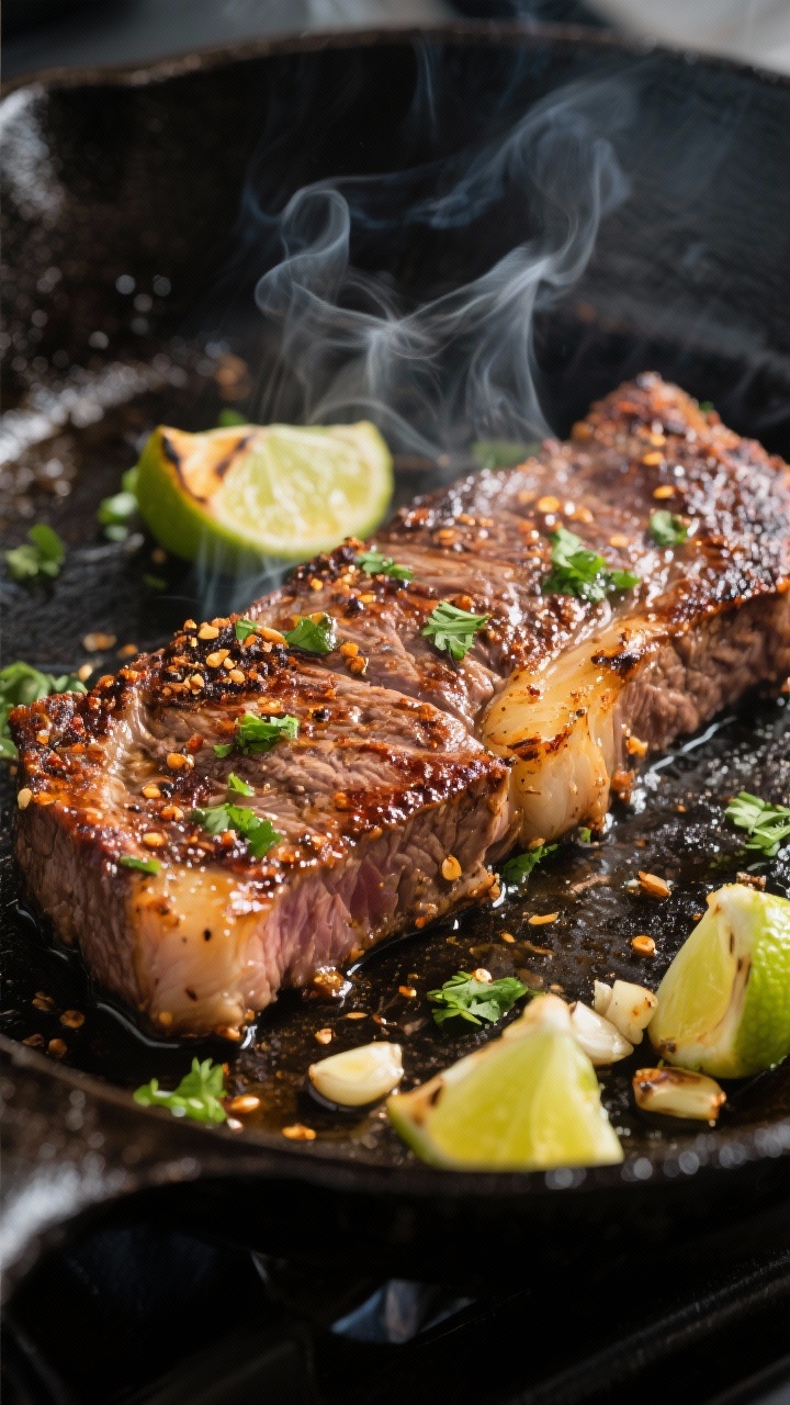 Cooking process close-up: Searing cilantro-lime marinated flank steak in a cast-iron skillet over me