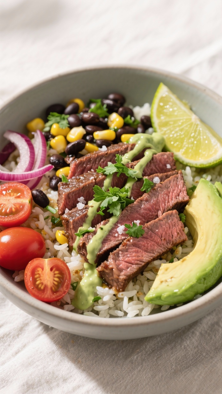 Final bowl overhead: Tasty top-down shot of a cilantro lime steak bowl artfully arranged—thin slic