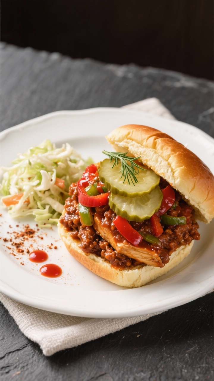 Final dish overhead: Cajun Chicken Sloppy Joes piled high on butter-toasted brioche buns, saucy, thi