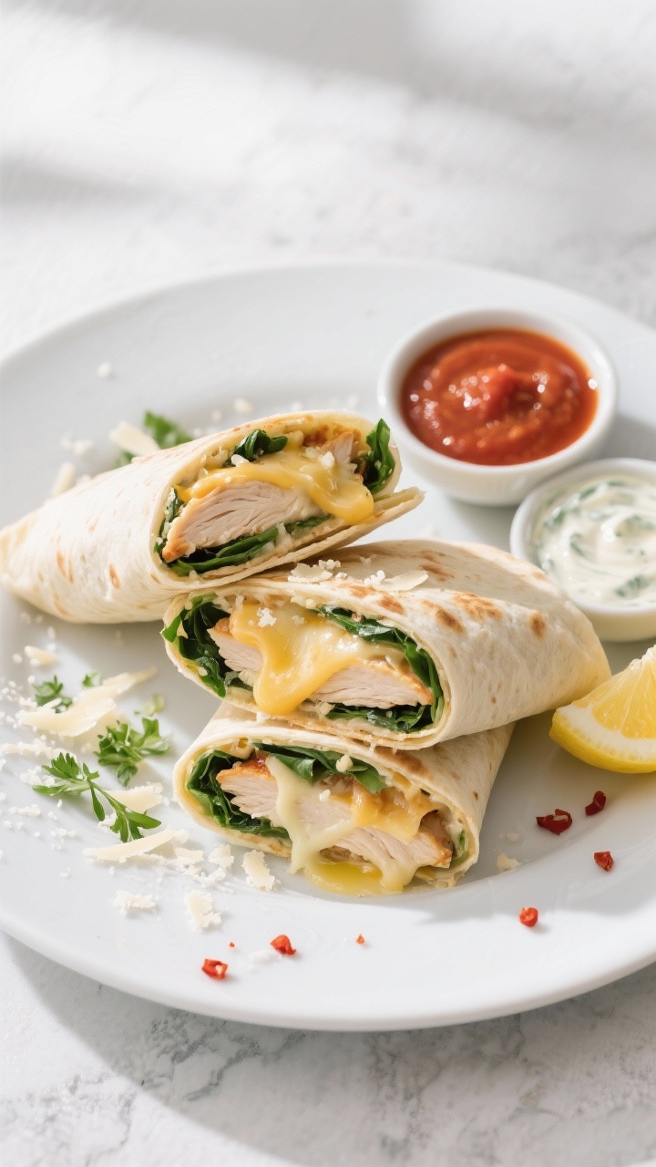 Final dish overhead: Overhead shot of sliced Cheesy Garlic Chicken Wraps on a matte white plate, eac