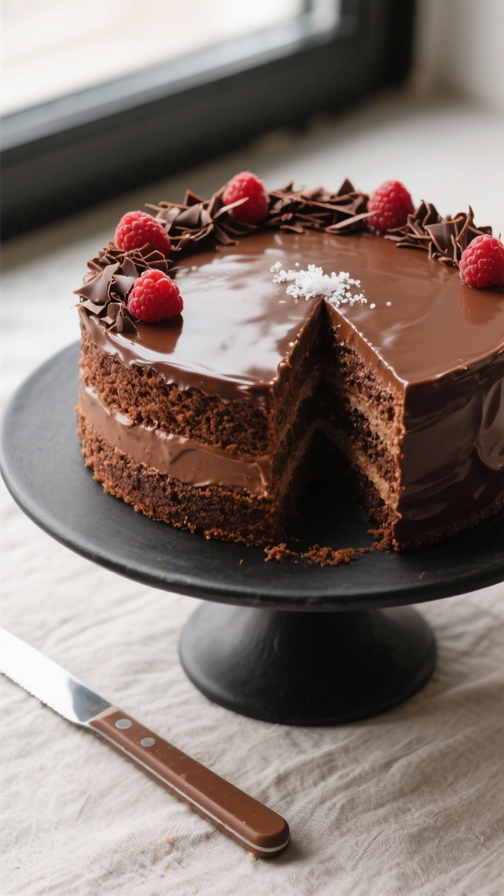 Final dish, tasty top view: Overhead shot of a two-layer eggless Dutch truffle cake on a matte black